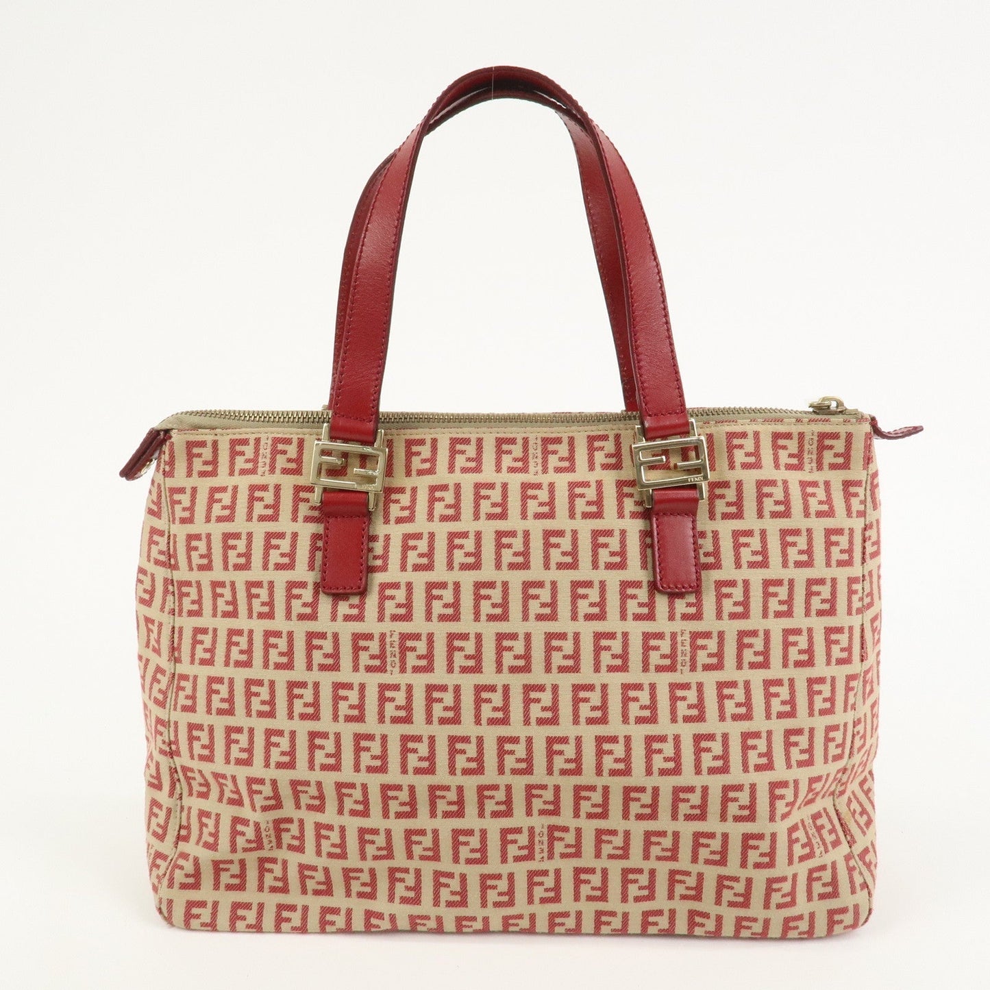 FENDI Zucchino Canvas Leather Tote Bag Hand Bag Beige Red 8BH134