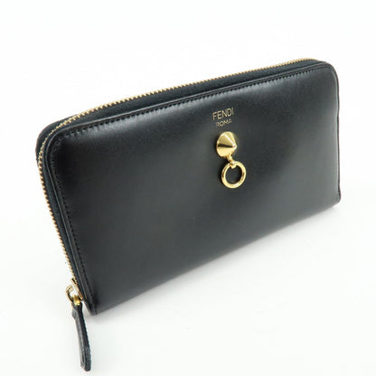 FENDI Leather Round Zippy Long Wallet Black 8M0299