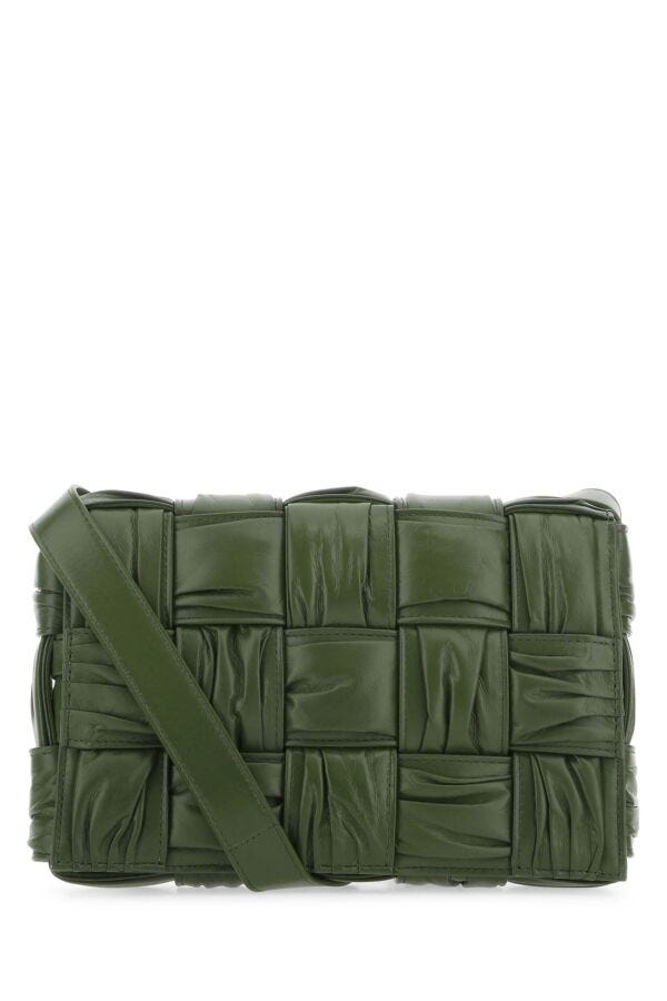 Bottega Veneta Woman Olive Green Leather Cassette Crossbody Bag