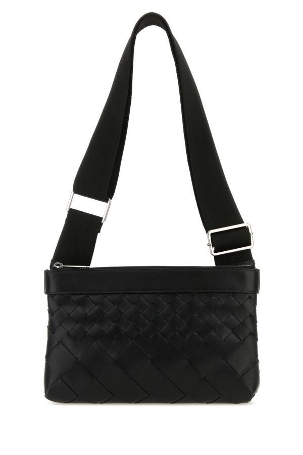 Bottega Veneta Man Black Leather Duo Intrecciato Crossbody Bag