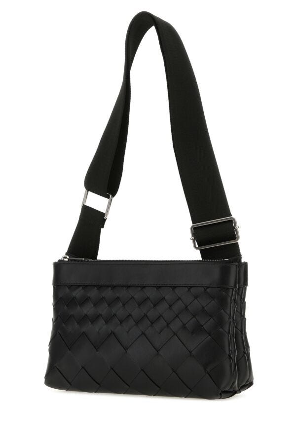 Bottega Veneta Man Black Leather Duo Intrecciato Crossbody Bag