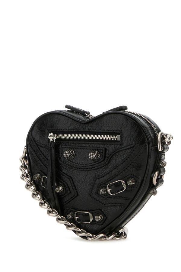 Balenciaga Woman Black Leather Mini Le Cagole Heart Crossbody Bag