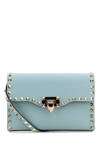Valentino Garavani Woman Light Blue Leather Small Rockstud Crossbody Bag
