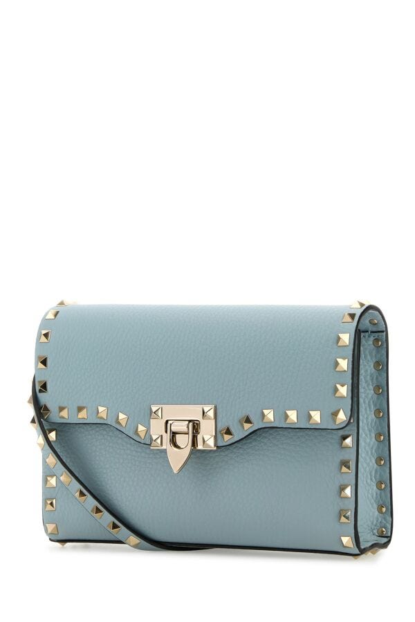 Valentino Garavani Woman Light Blue Leather Small Rockstud Crossbody Bag