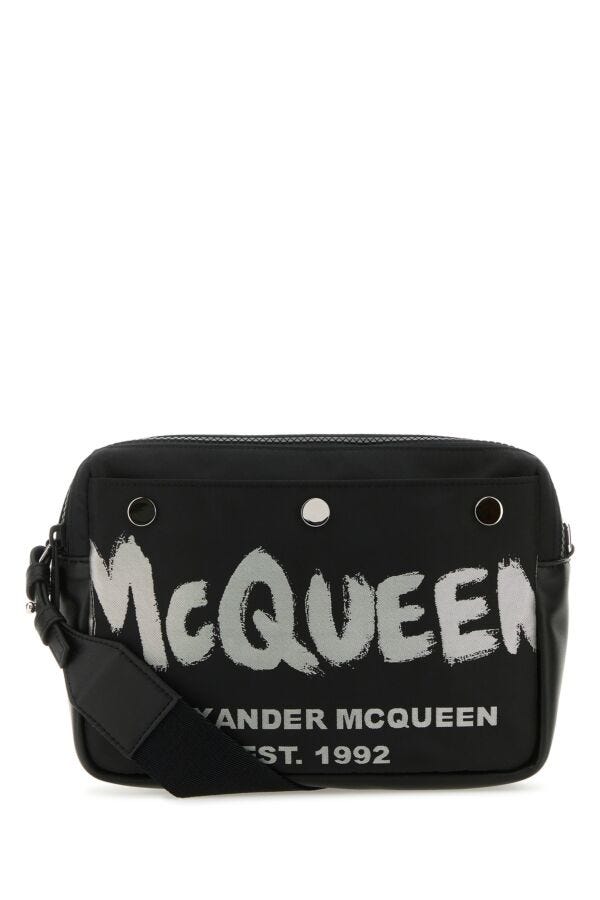 Alexander Mcqueen Man Black Fabric Mcqueen Graffiti Crossbody Bag