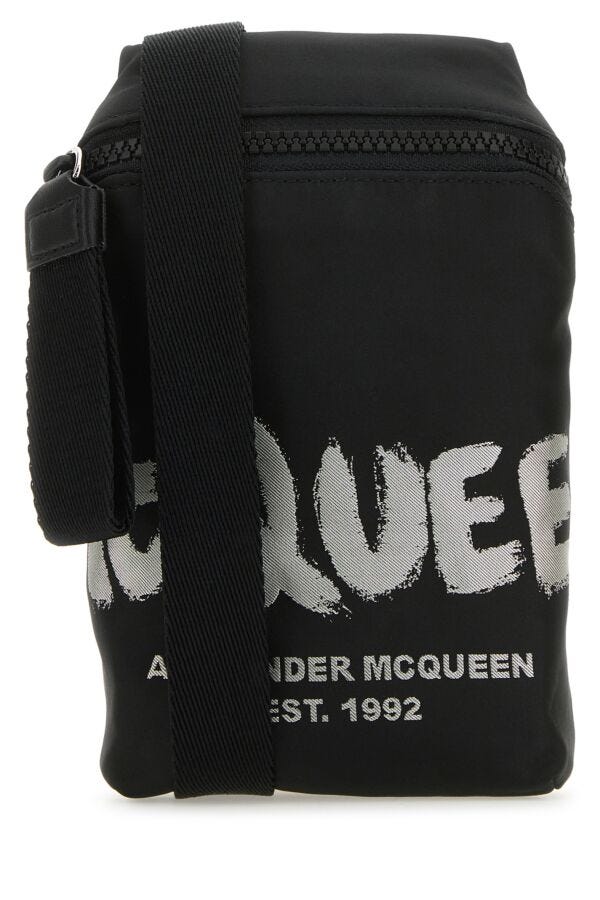 Alexander Mcqueen Man Black Fabric Mcqueen Graffiti Crossbody Bag