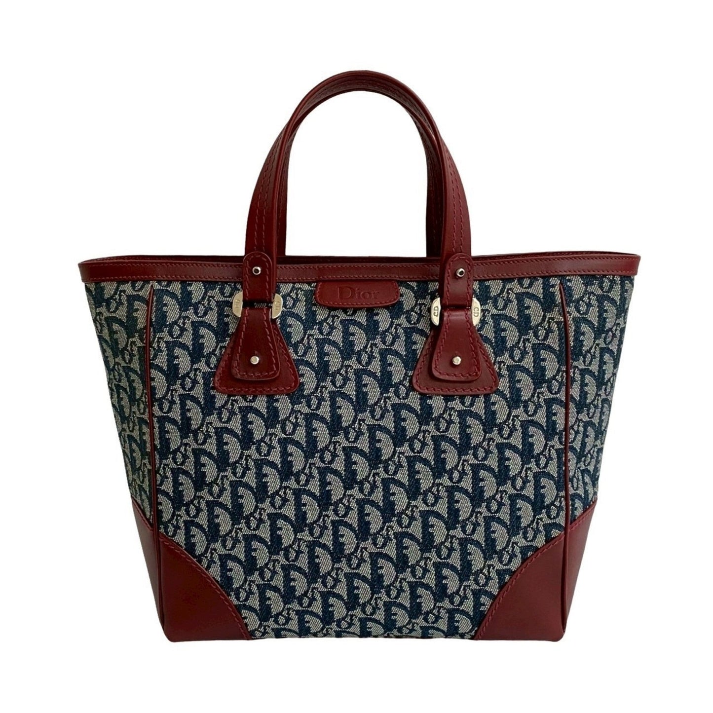 Christian Dior Navy Wine Canvas Leather Handbag Tote Bag Leather