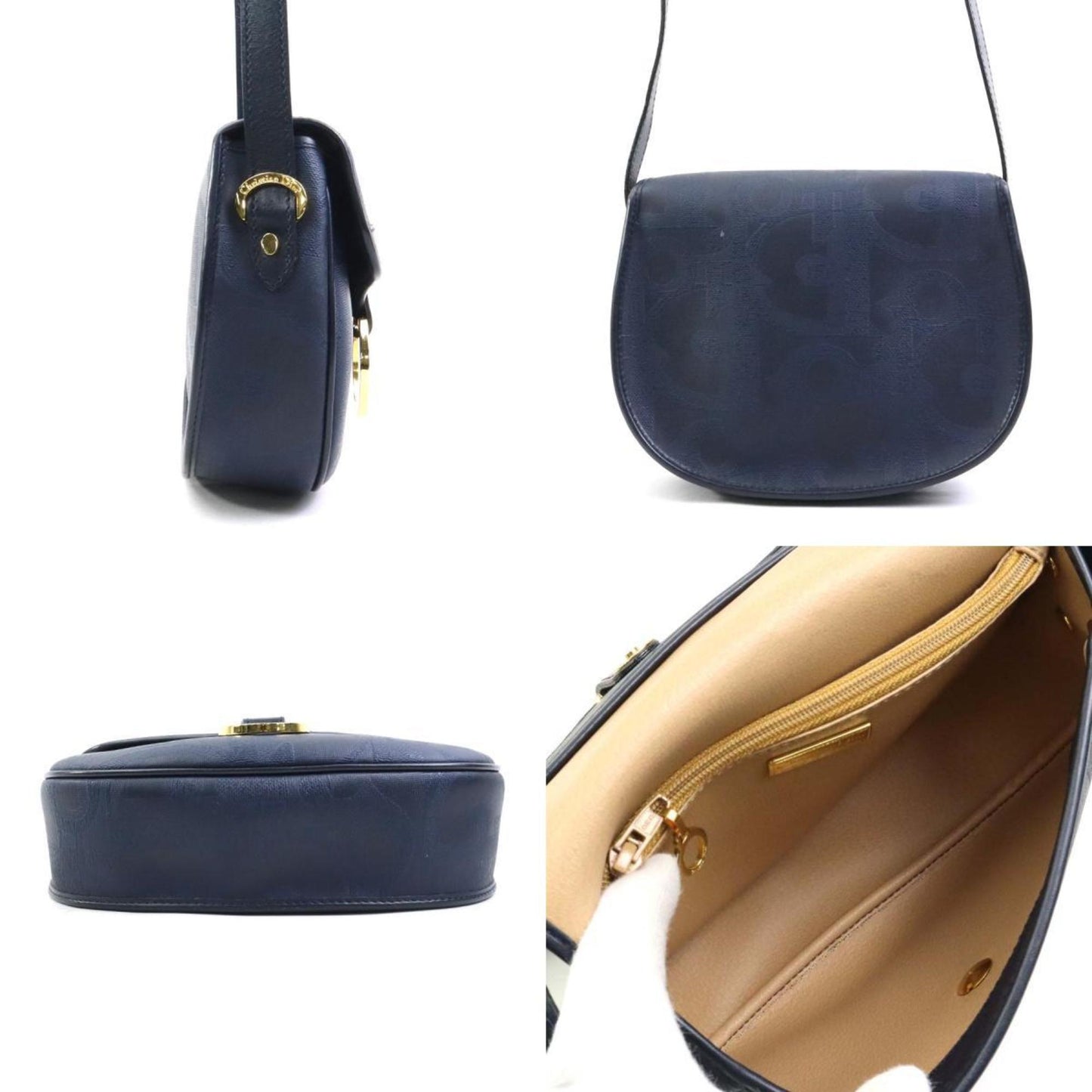 Christian Dior Navy Coated Canvas Leather Shoulder Bag Leather