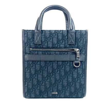 Christian Dior Black Dark Navy Canvas Leather Handbag Tote Bag
