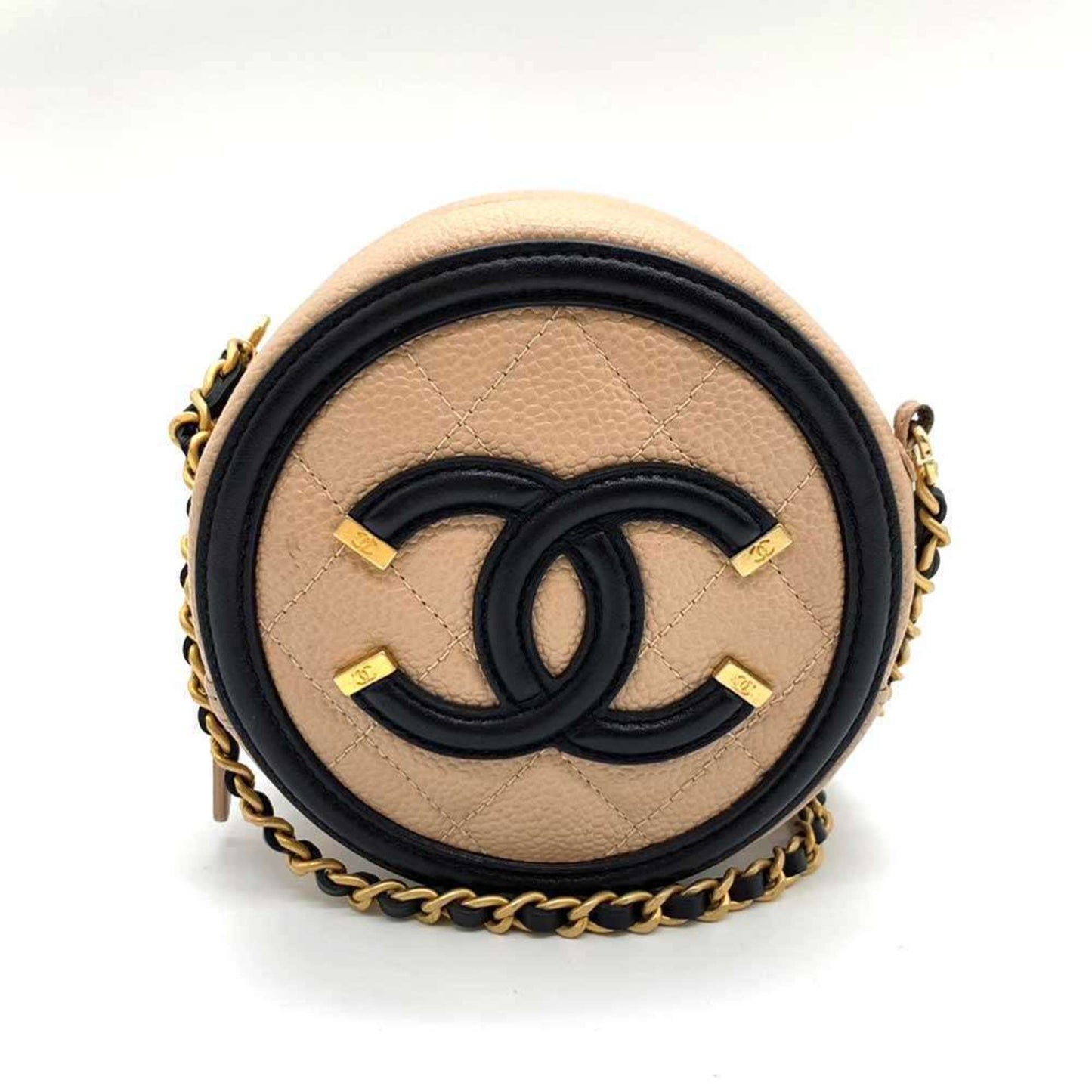 Chanel Bag CC Filigree Round Chain Shoulder Beige x Black Pochette Pouch Circle Crossbody Women's Caviar Skin Chanel