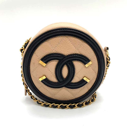 Chanel Bag CC Filigree Round Chain Shoulder Beige x Black Pochette Pouch Circle Crossbody Women's Caviar Skin Chanel