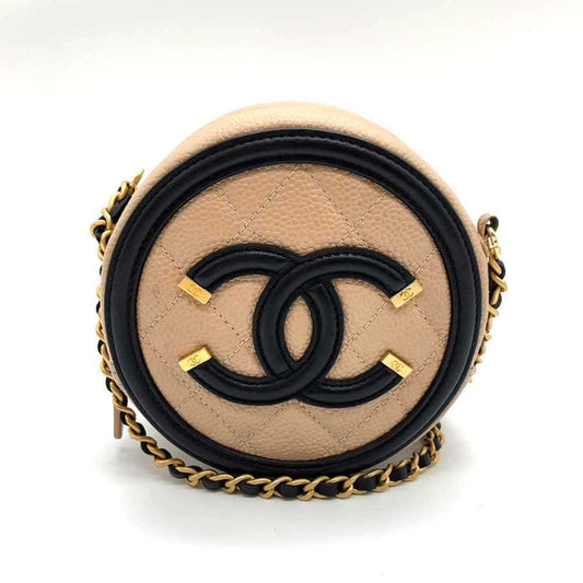 Chanel Bag CC Filigree Round Chain Shoulder Beige x Black Pochette Pouch Circle Crossbody Women's Caviar Skin Chanel