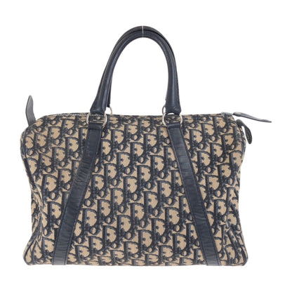 Christian Dior Trotter Beige Navy Canvas Leather Boston Bag Handbag