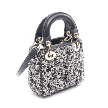 Christian Dior Lady Dior Black Clear Silver Leather Rhinestone Handbag