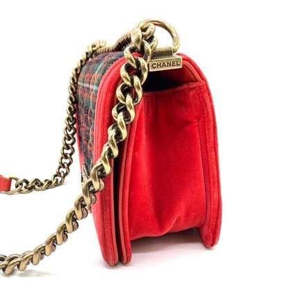 Chanel Bag Boy Chain Shoulder Red x Green Checkered Horizontal Women's Velour Canvas Chanel