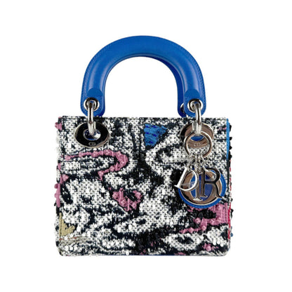 Christian Dior Black Blue Tweed Leather Handbag Shoulder Bag