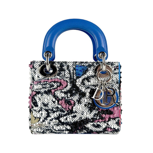 Christian Dior Black Blue Tweed Leather Handbag Shoulder Bag