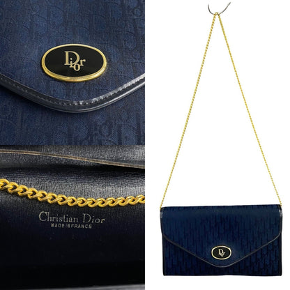 Christian Dior Navy Leather Canvas Shoulder Bag Leather