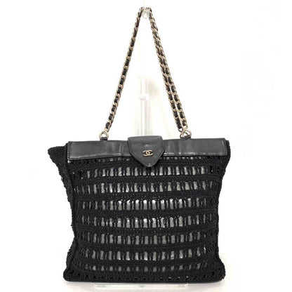 Chanel Bag Chain Tote Black Mesh Stitch Handbag Coco Mark Ladies Canvas x Leather