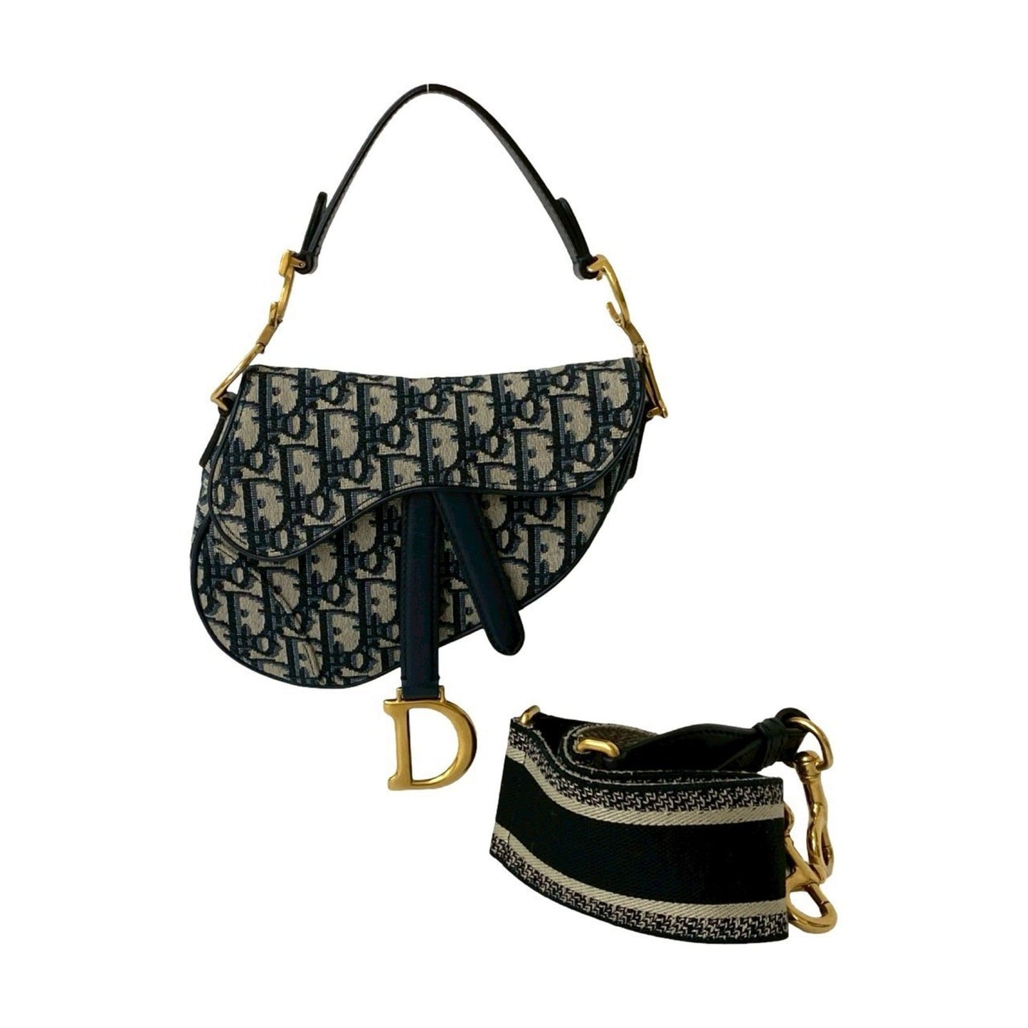 Christian Dior Navy Canvas Leather Handbag Saddle Bag Shoulder Bag
