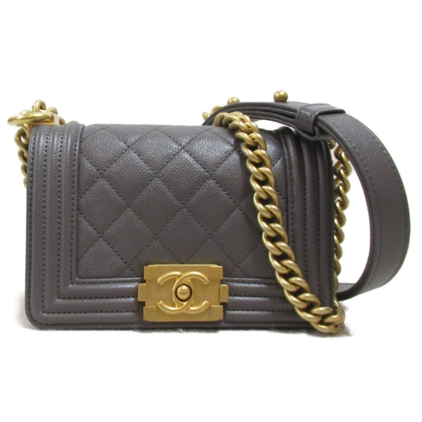 Chanel Boy Chanel Mini Chain Shoulder Bag Gray Caviar Skin (Grained Calf)