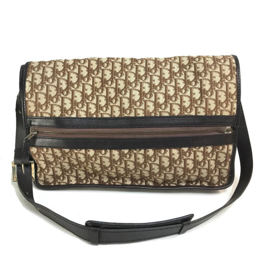Christian Dior Beige Brown Leather Canvas Shoulder Bag