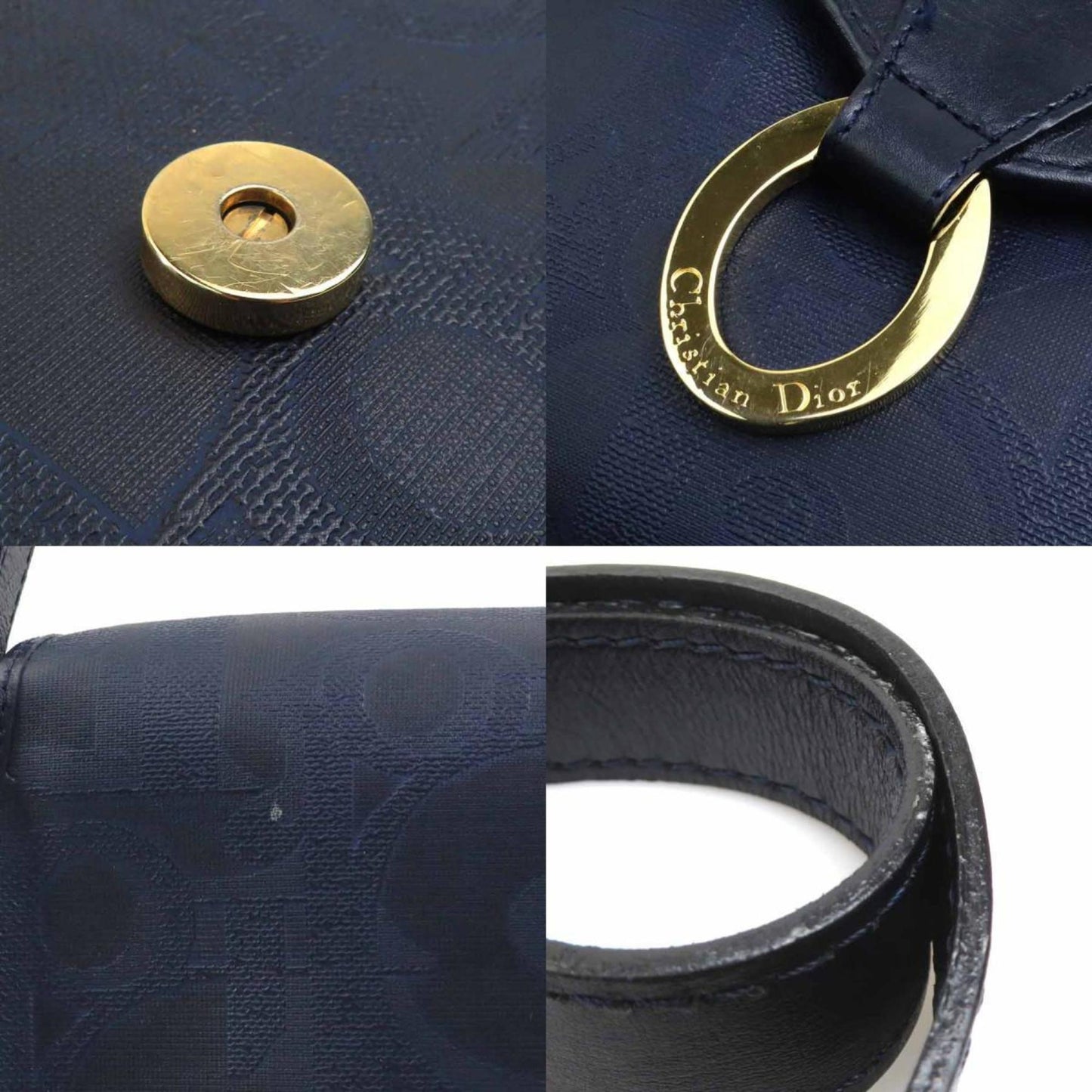 Christian Dior Navy Coated Canvas Leather Shoulder Bag Leather