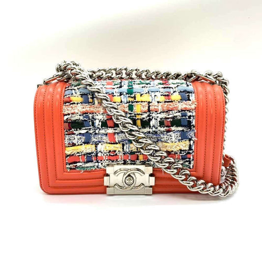 Chanel Bag Boy Chain Shoulder Coral Orange x Multicolor Horizontal Women's Tweed Leather A67085 Chanel