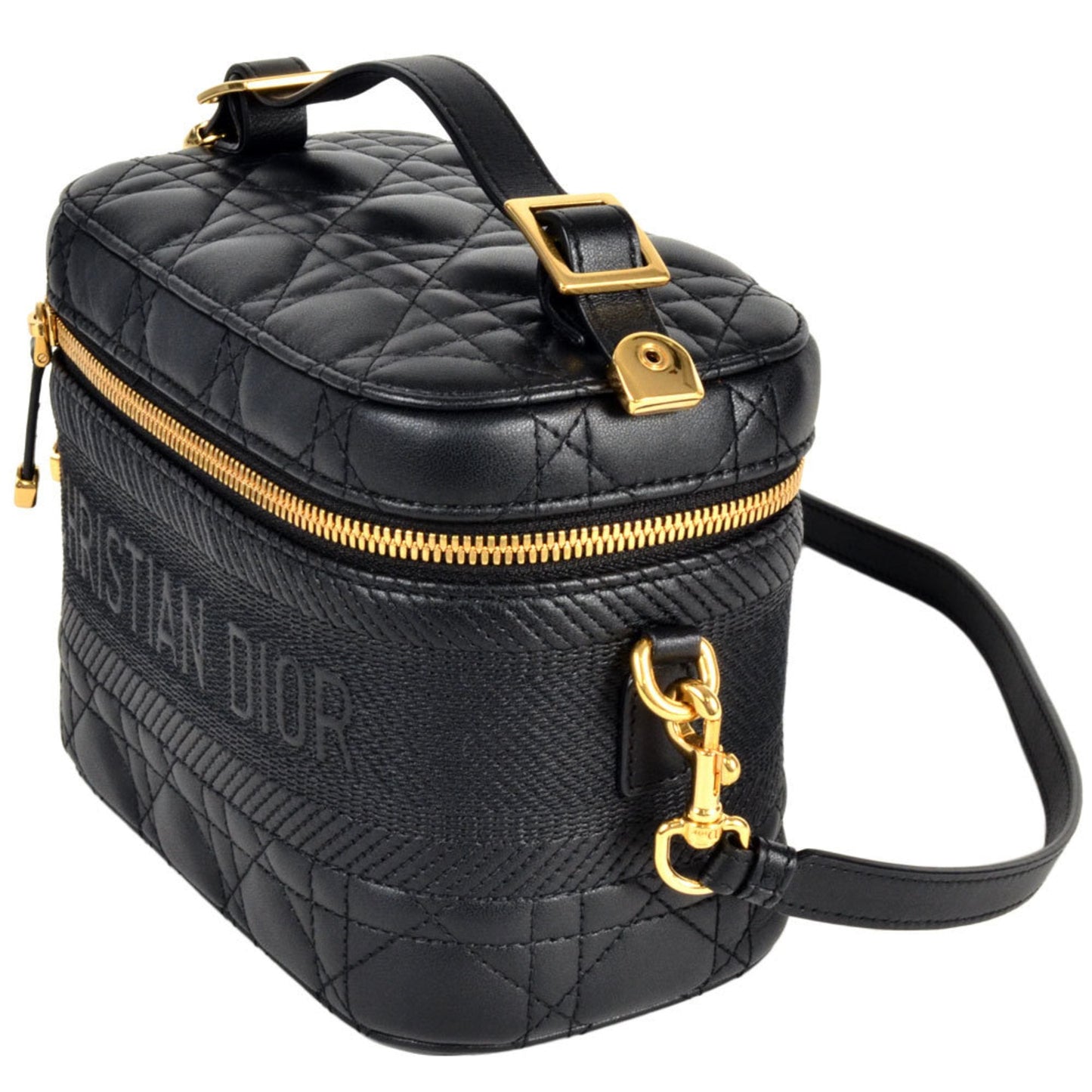 Christian Dior Black Leather Canvas Shoulder Bag Vanity Bag