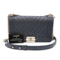 Chanel Boy Chanel V-stitch chain shoulder handbag dark navy blue with sticker