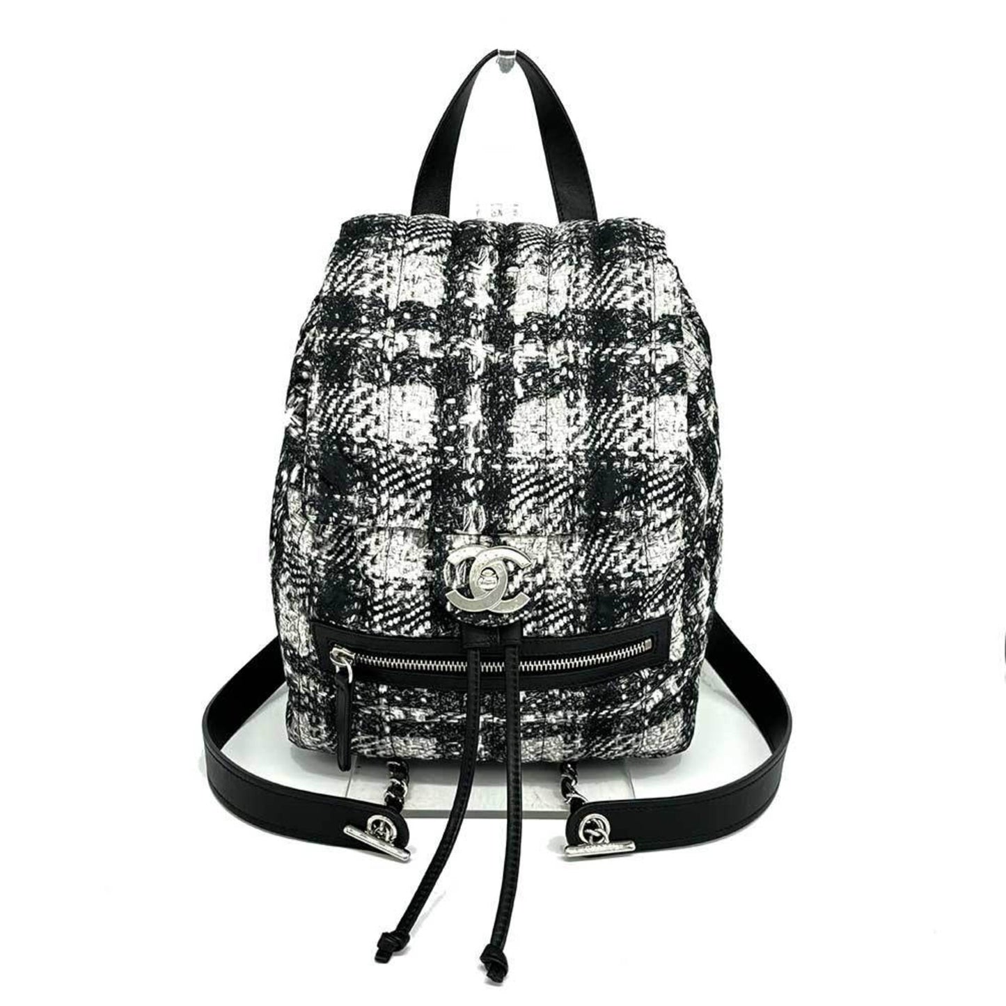 Chanel Backpack Coco Mark Nylon Tweed Pattern Black x White Silver Chanel