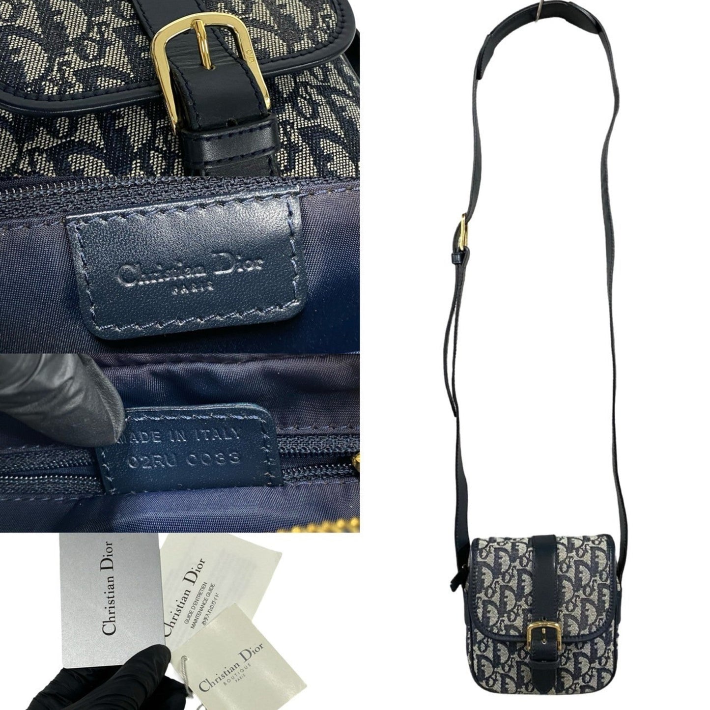Christian Dior Navy Leather Canvas Pochette Shoulder Bag