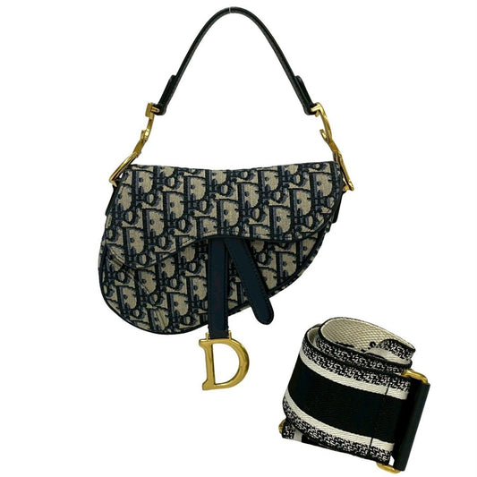 Christian Dior Navy Leather Canvas Saddle Bag Shoulder Bag