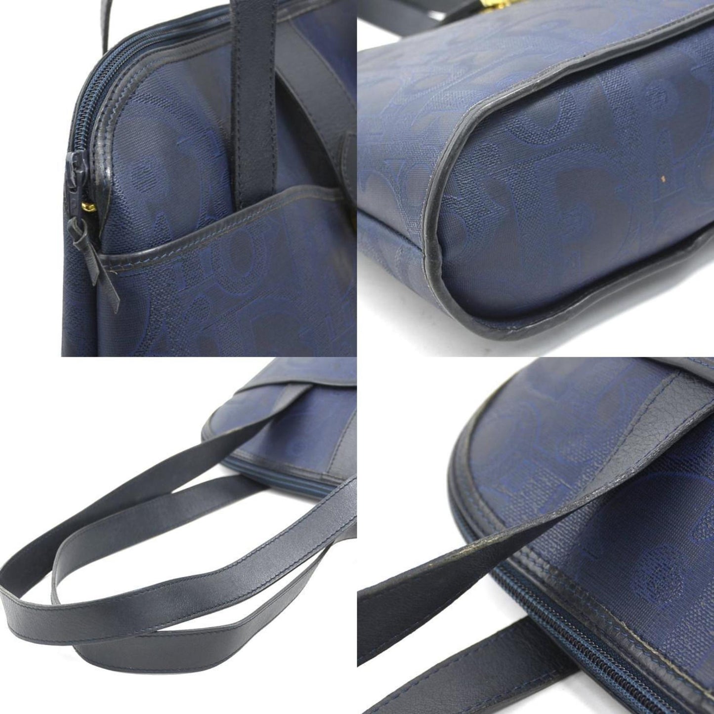 Christian Dior Navy Coated Canvas Leather Shoulder Bag