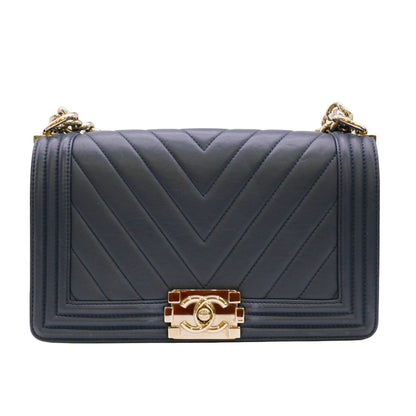 Chanel Boy Chanel V-stitch chain shoulder handbag dark navy blue with sticker
