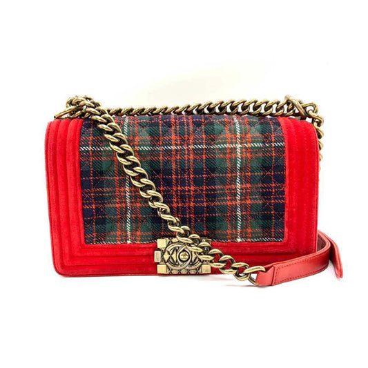 Chanel Bag Boy Chain Shoulder Red x Green Checkered Horizontal Women's Velour Canvas Chanel