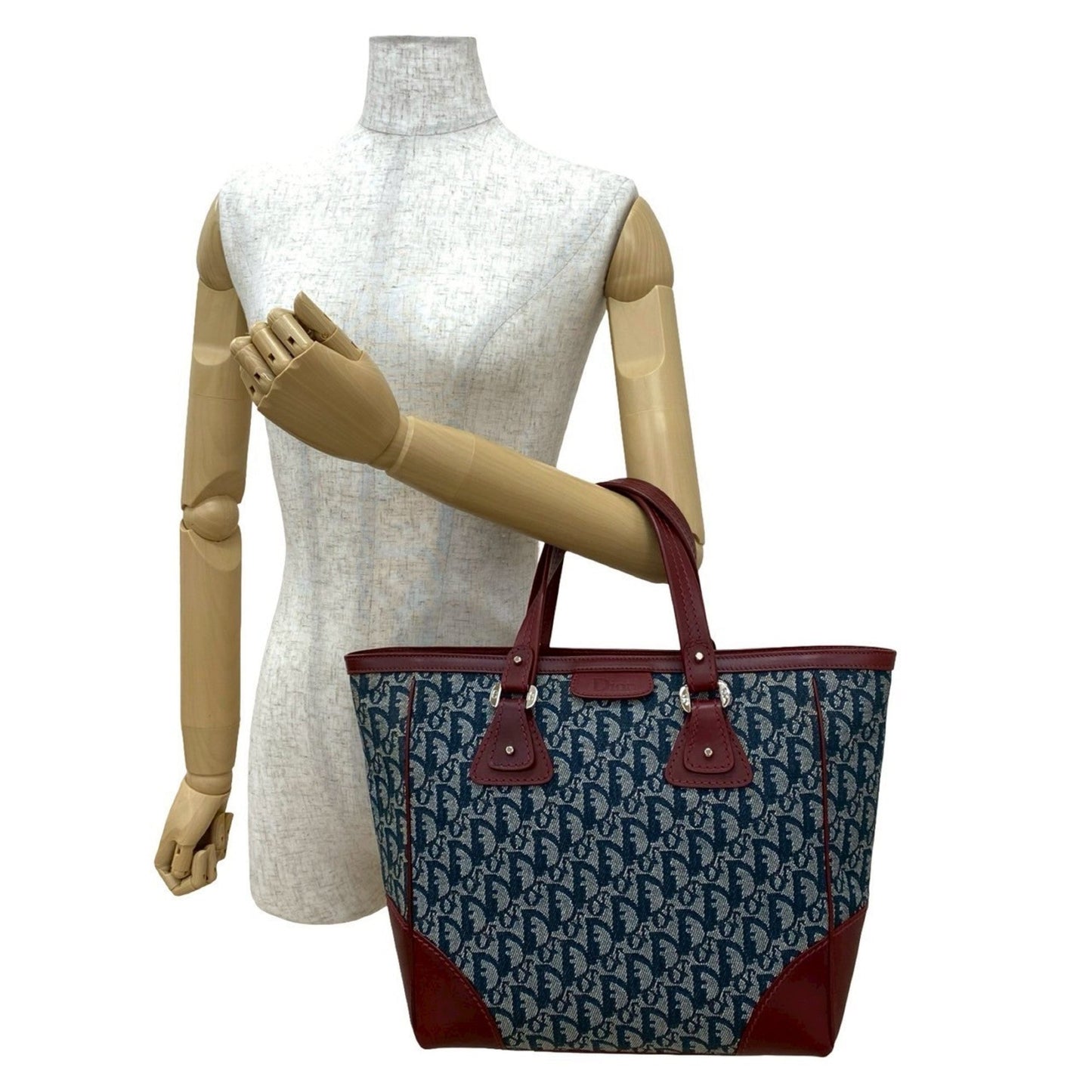 Christian Dior Navy Wine Canvas Leather Handbag Tote Bag Leather