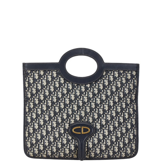 Christian Dior Beige Navy Canvas Leather Handbag Leather