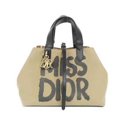 Christian Dior Beige Black Cotton Leather Handbag