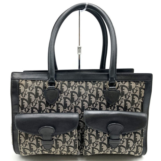Christian Dior Black Canvas Leather Handbag Tote Bag Leather