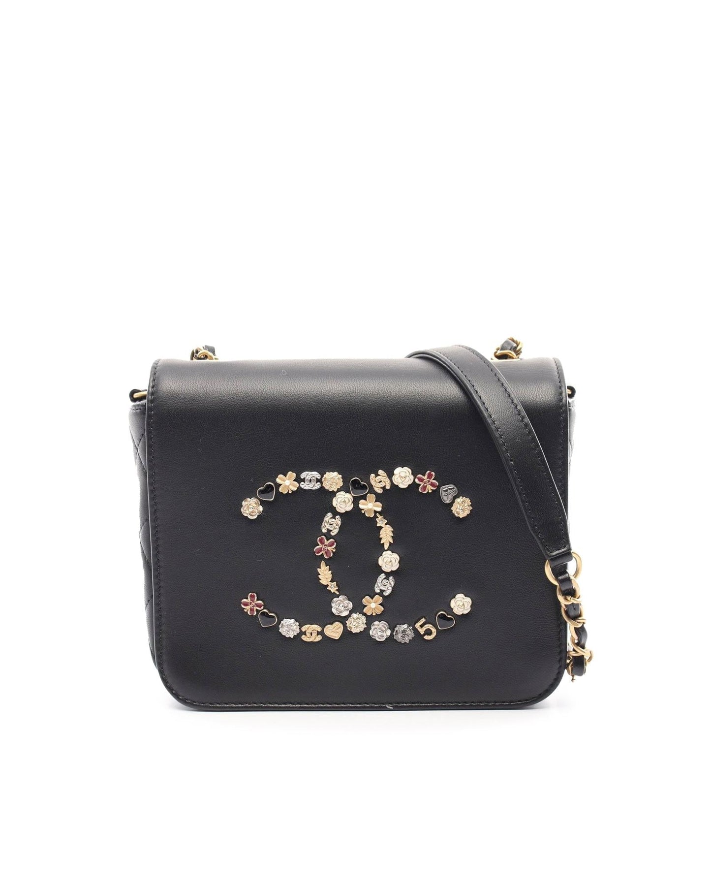 Lambskin Studded Charms Flap Crossbody Bag with Chain Strap