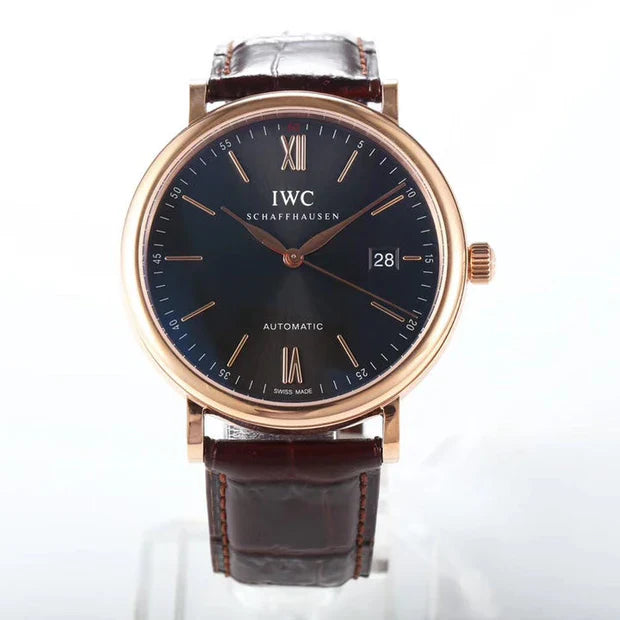 IWC Portofino 40mm Black Dial Pink Gold Case Brown Crocodile Leather