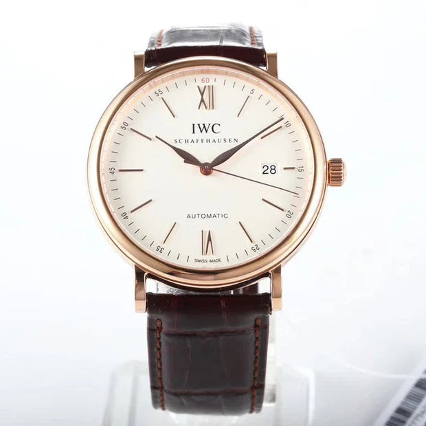 IWC Portofino 40mm White Dial Pink Gold Case Brown Crocodile Leather)