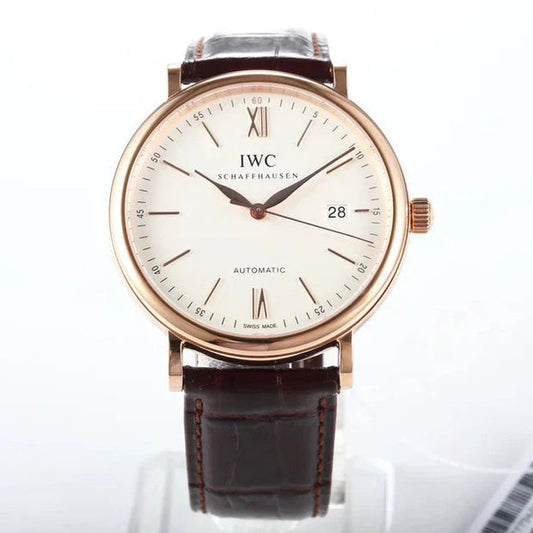 IWC Portofino 40mm White Dial Pink Gold Case Brown Crocodile Leather)
