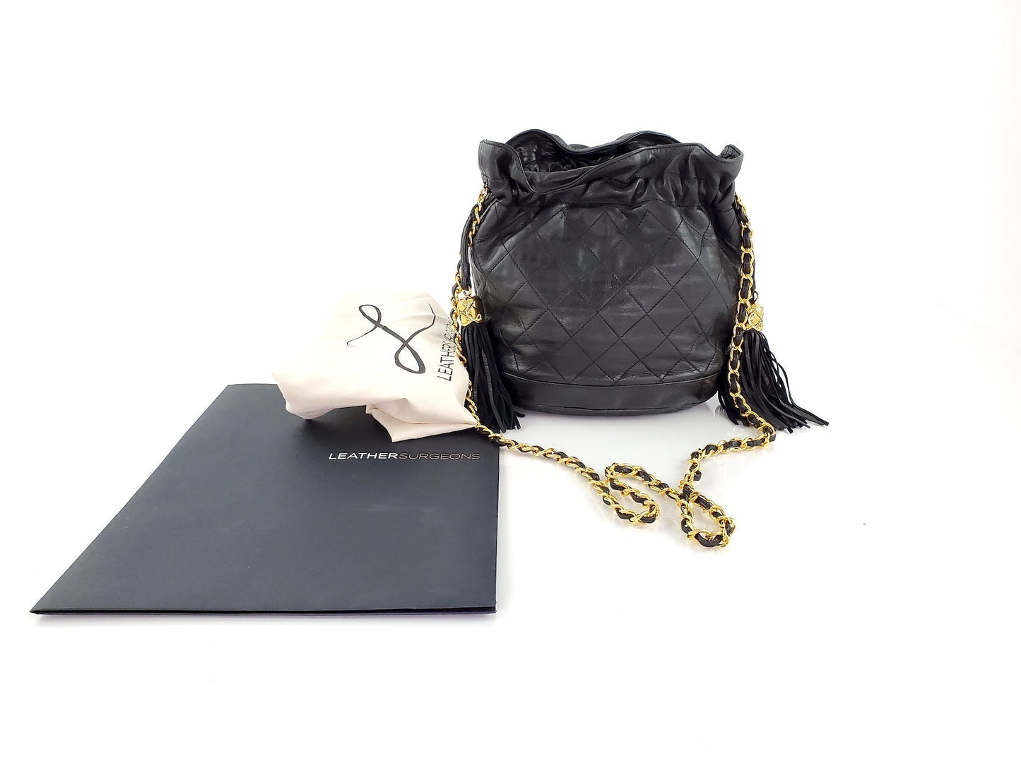 CHANEL 24k Gold Black Leather Quilted Bucket Bag