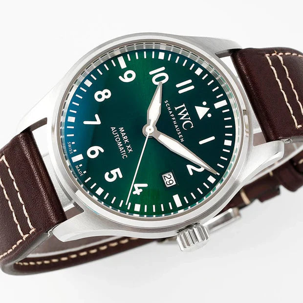 IWC Pilot 40mm Green Dial Steel Case Brown Leather Strap