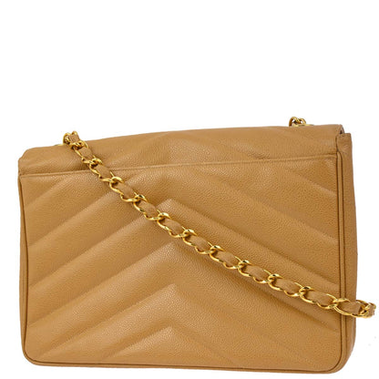Chanel Beige Caviar Chevron Chain Shoulder Bag