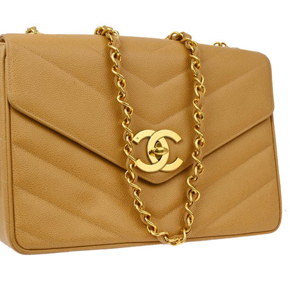 Chanel Beige Caviar Chevron Chain Shoulder Bag