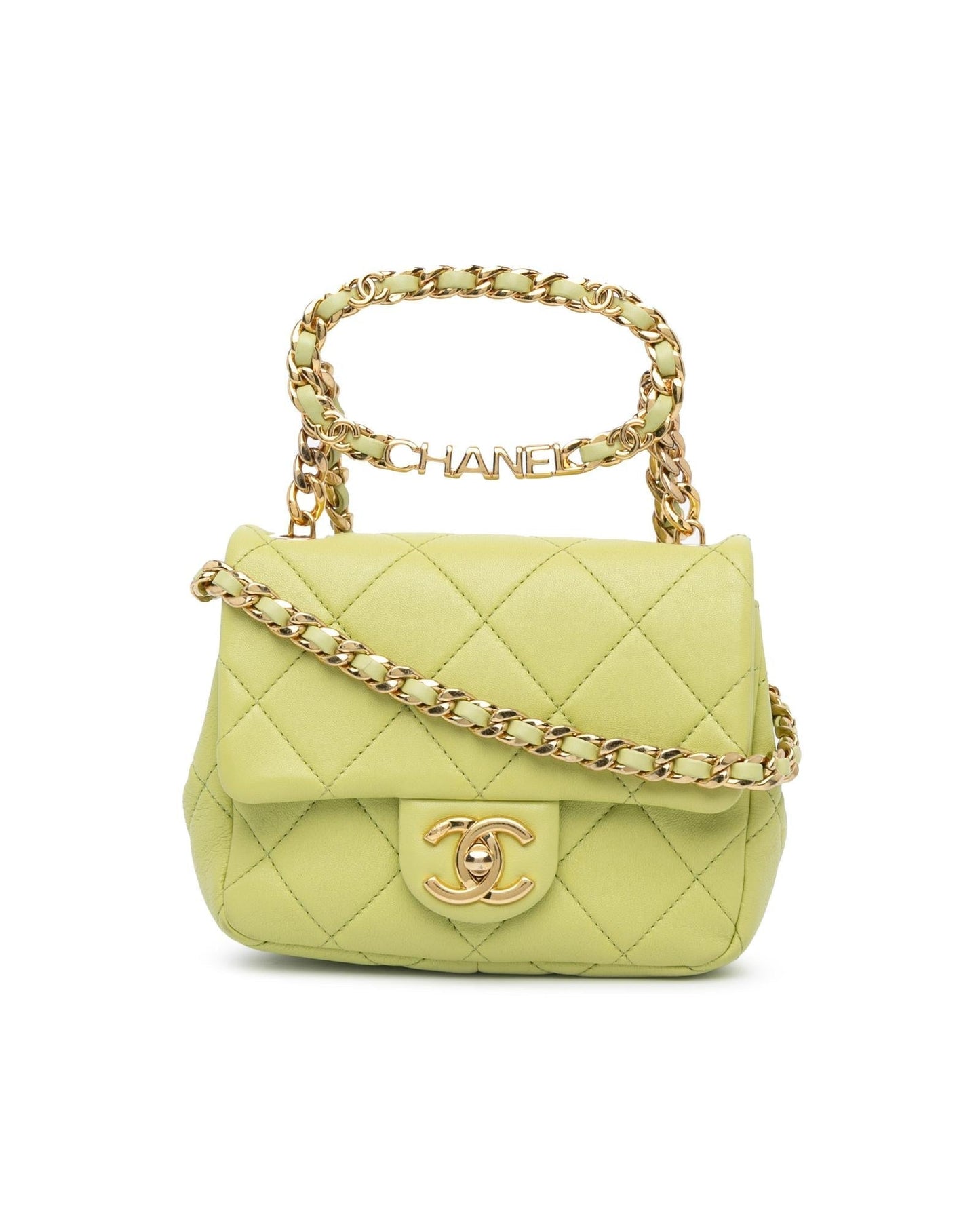 Mini Quilted Oval Logo Chain Top Handle Flap Crossbody Bag