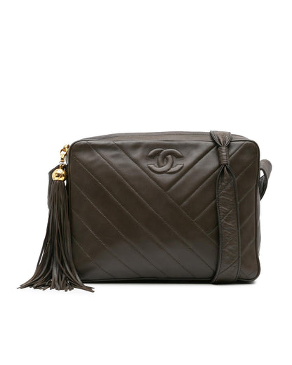 Chevron Lambskin Tassel Crossbody Bag with Quilted Leather and Zip Closure
